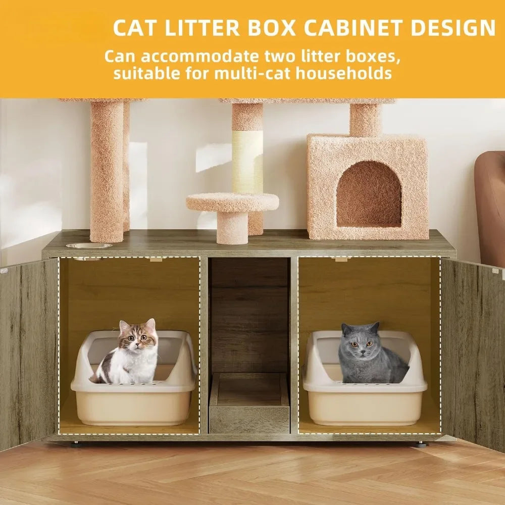 Double Cat Box Enclosure with Cat Tree,Box Furniture Hidden for 2 Cats,All-in-one 70.9-Inch Litter Box Furniture with Cat Tower