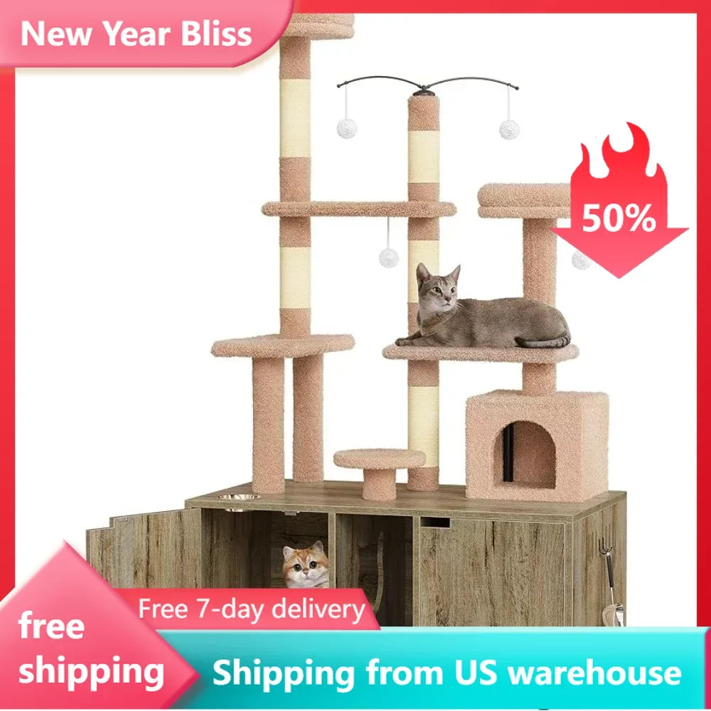 Double Cat Box Enclosure with Cat Tree,Box Furniture Hidden for 2 Cats,All-in-one 70.9-Inch Litter Box Furniture with Cat Tower