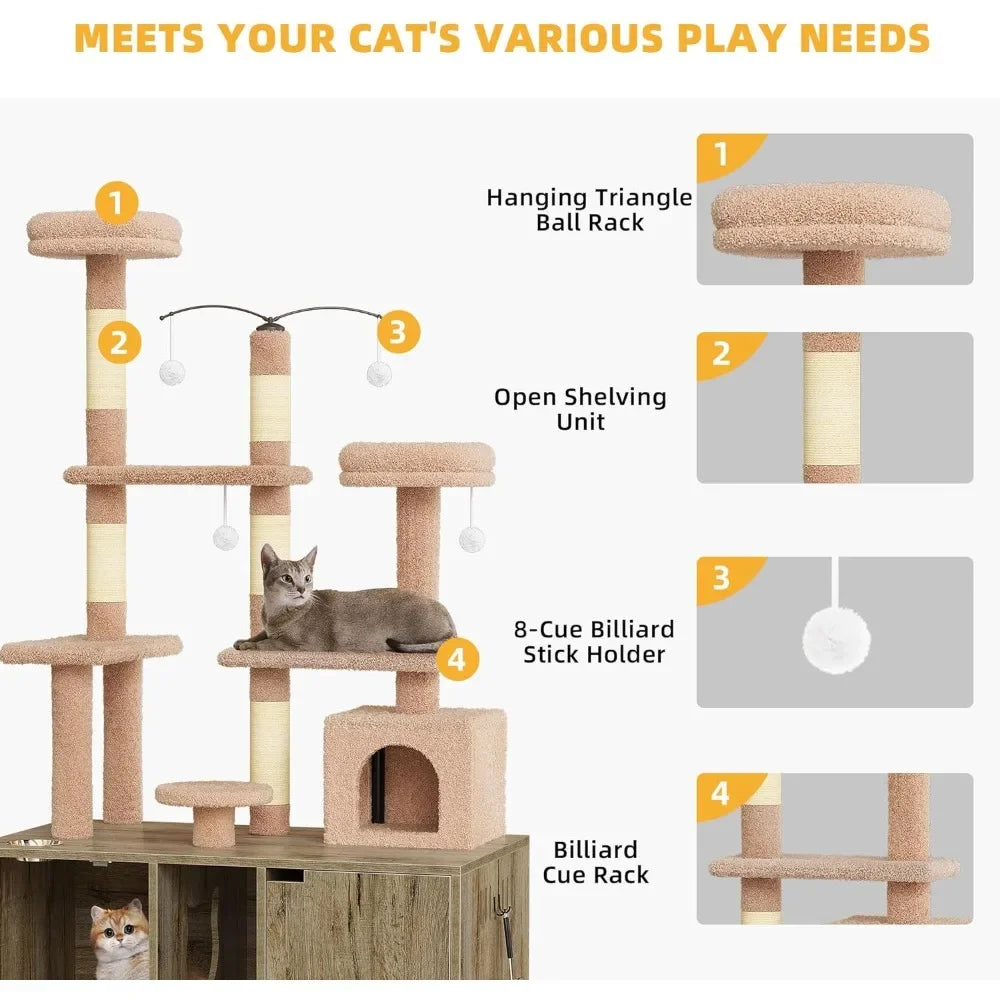 Double Cat Box Enclosure with Cat Tree,Box Furniture Hidden for 2 Cats,All-in-one 70.9-Inch Litter Box Furniture with Cat Tower