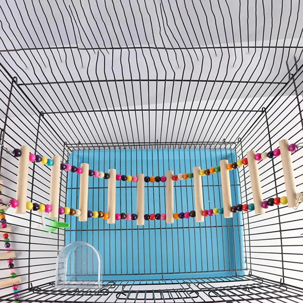 Bird Ladder Bridge with Colorful Beads Hanging Swing Toy Natural Wood Ladder Parrots Trainning Climbing Toy Cage Accessories