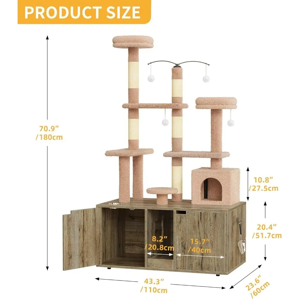 Double Cat  Box Enclosure with Cat Tree,Box Furniture Hidden for 2 Cats,All-in-one 70.9-Inch Litter Box Furniture with Cat Tower