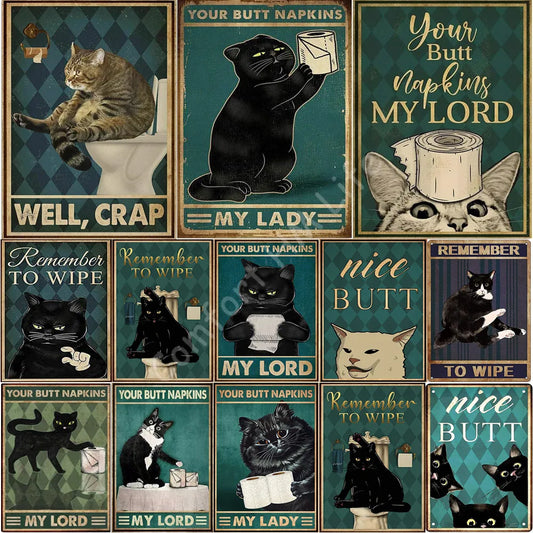 Vintage Restroom Well Crap Cat Poster Art Print Decor for Home Shop Funny Metal Tin Sign Wall Decor Man Cave Retro Metal Signs