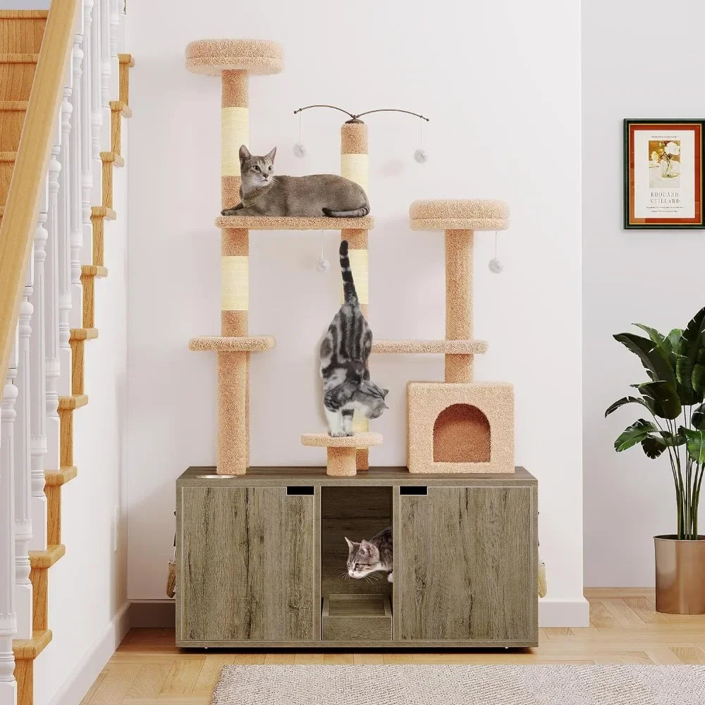 Double Cat  Box Enclosure with Cat Tree,Box Furniture Hidden for 2 Cats,All-in-one 70.9-Inch Litter Box Furniture with Cat Tower