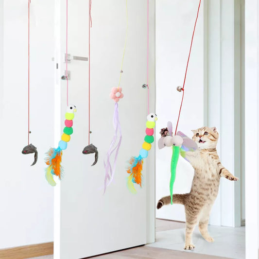 Funny Swing Toys for Cats Kitten with Elastic Rope Feather Insect Handfree Cat Toys Teaser Wand Pet Products for Dropshipping