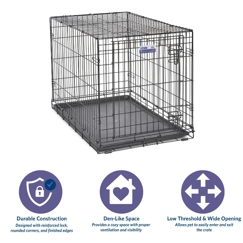 Dog Crate | MidWest iCrate 36" Double Door Folding Metal Dog Crate | Divider Panel, Floor Protecting Feet, Leak-Proof Dog Pan